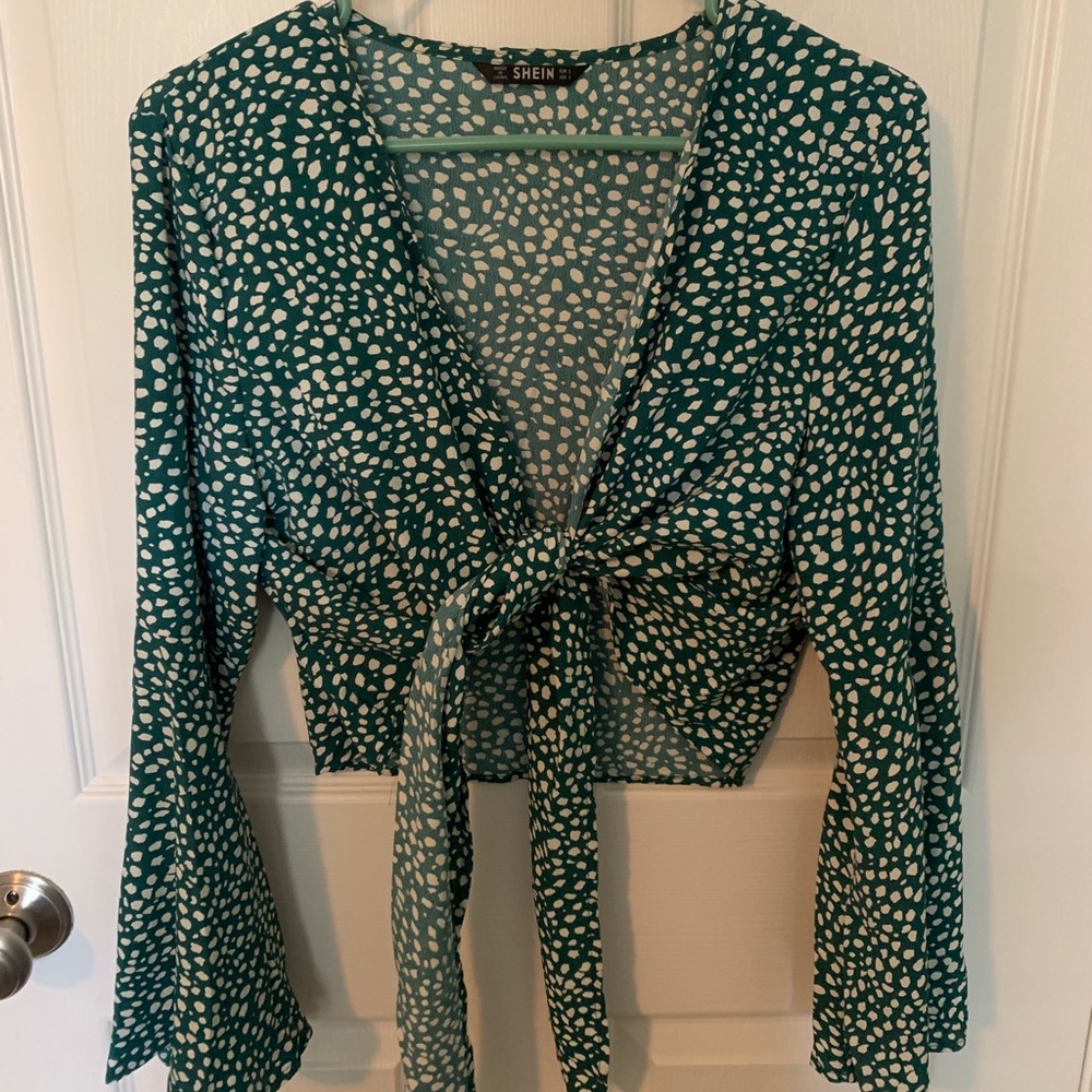 Green Tie Bell Sleeve Shirt
